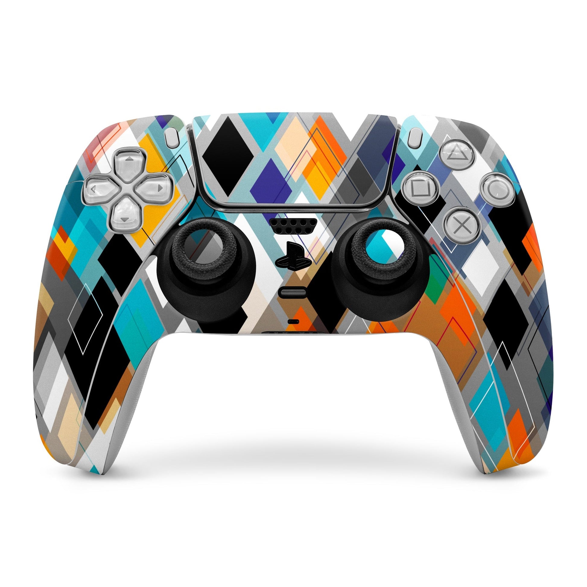 Geometric PS5 controller skin with multicolor diamond pattern and gray button cutouts