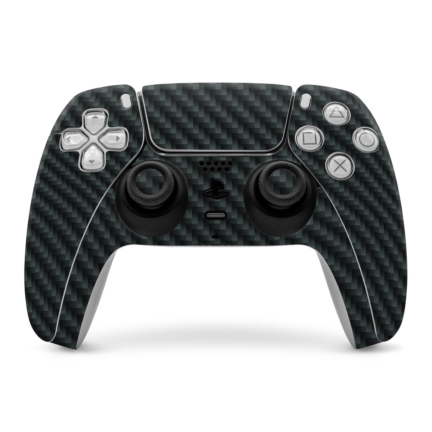Carbon-fiber PS5 controller skin with dark checkered texture and cutouts for buttons