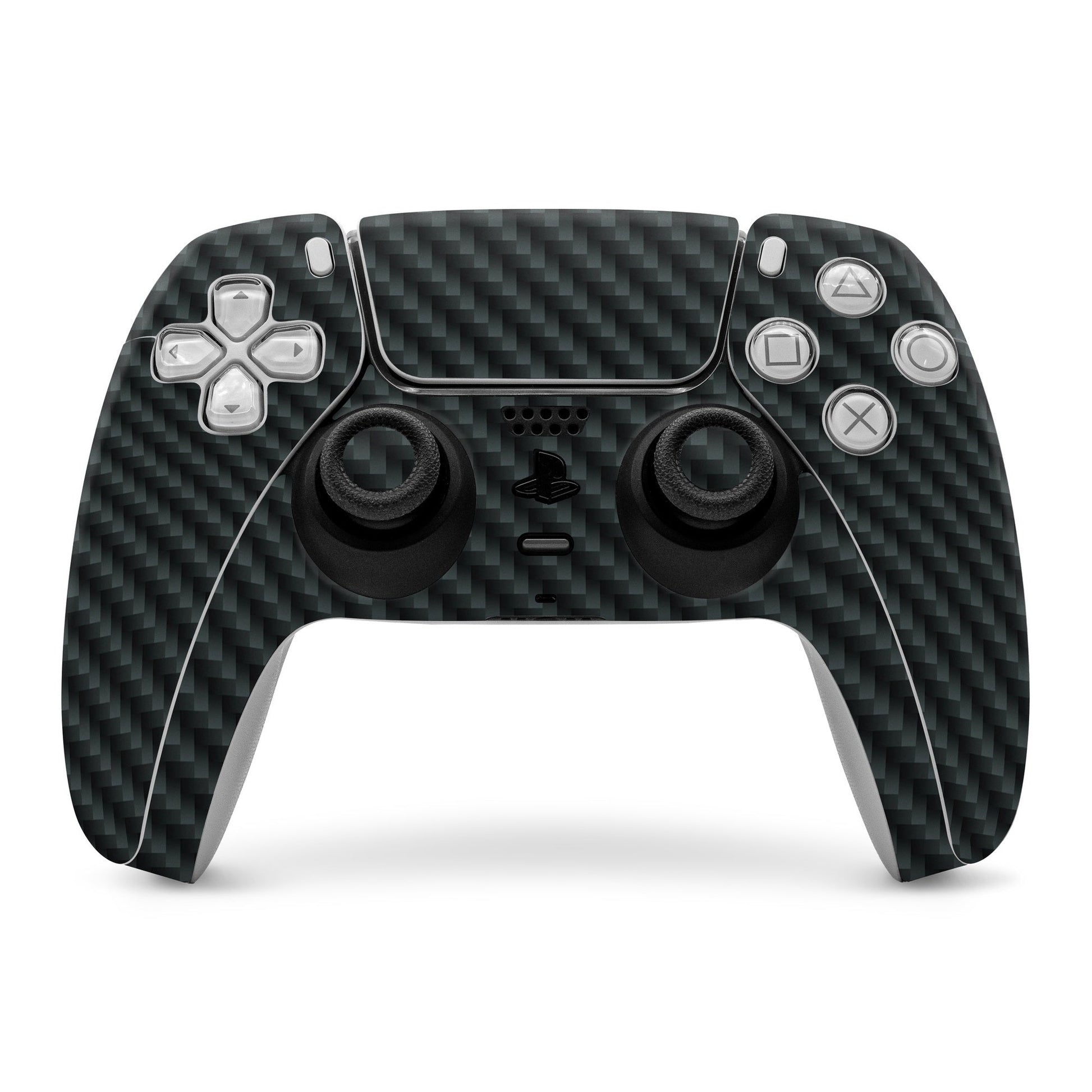 Carbon-fiber PS5 controller skin with dark checkered texture and cutouts for buttons
