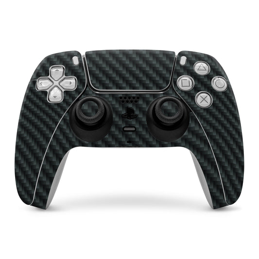 Carbon-fiber PS5 controller skin with dark checkered texture and cutouts for buttons