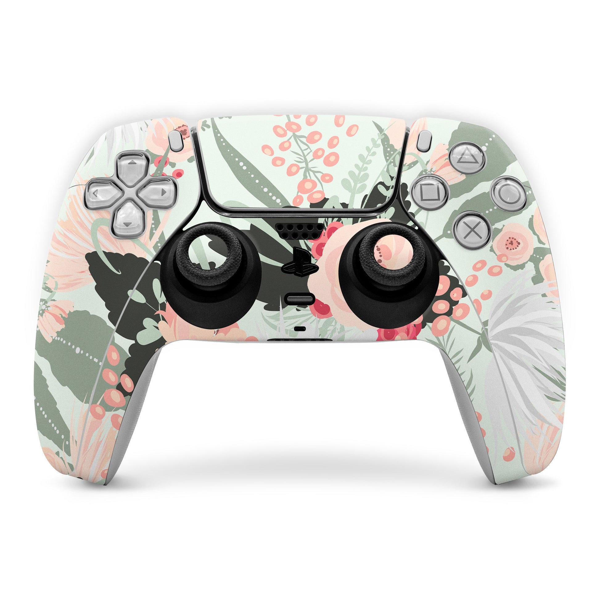 Sony PS5 controller skin with pastel floral leaves and pink flowers