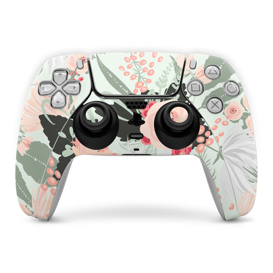 Sony PS5 controller skin with pastel floral leaves and pink flowers