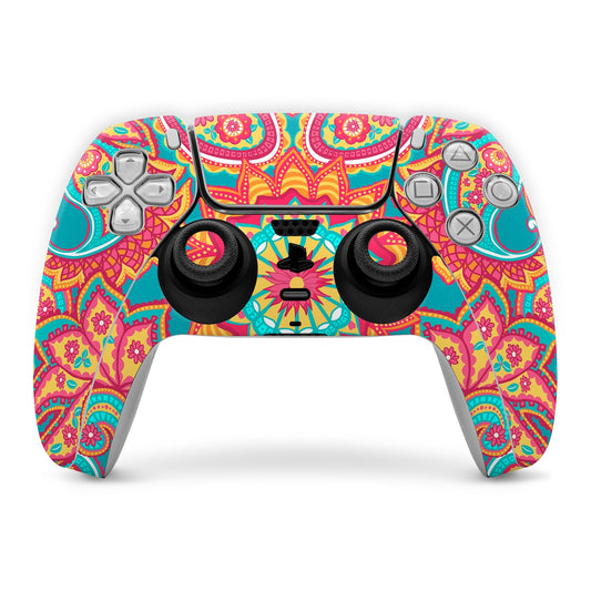 PS5 controller skin, colorful carnival paisley with cutouts for buttons and triggers