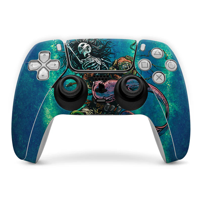 Sony PS5 controller skin with teal-green galaxy artwork and matching button cutouts