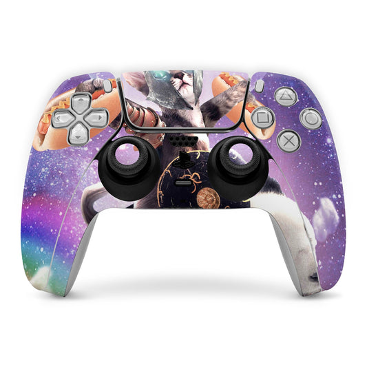 Purple PS5 controller skin with cat commander graphic over buttons and thumbsticks