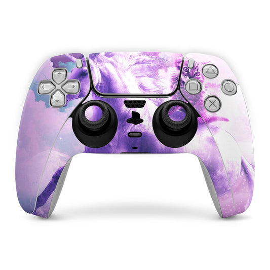 PS5 controller skin with purple cat unicorn artwork and cutouts for buttons and sticks