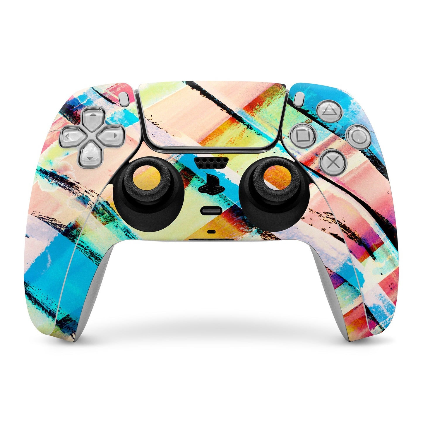PS5 controller skin with colorful check stripe design over front buttons