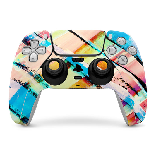 PS5 controller skin with colorful check stripe design over front buttons