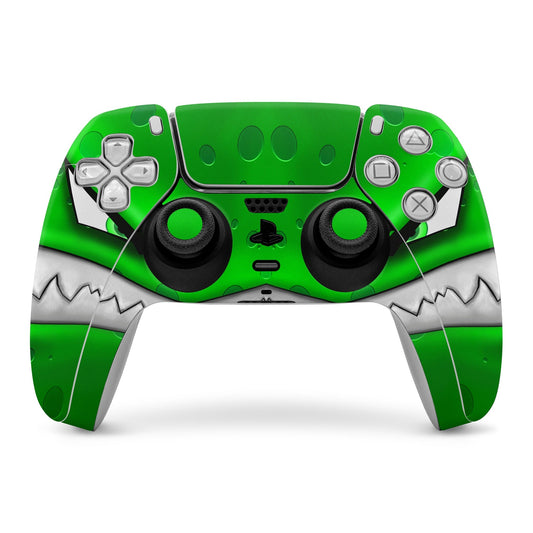PS5 controller skin in bright green with silver button accents and textured grips