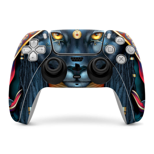 PlayStation 5 controller skin with blue owl-eye graphics and button cutouts
