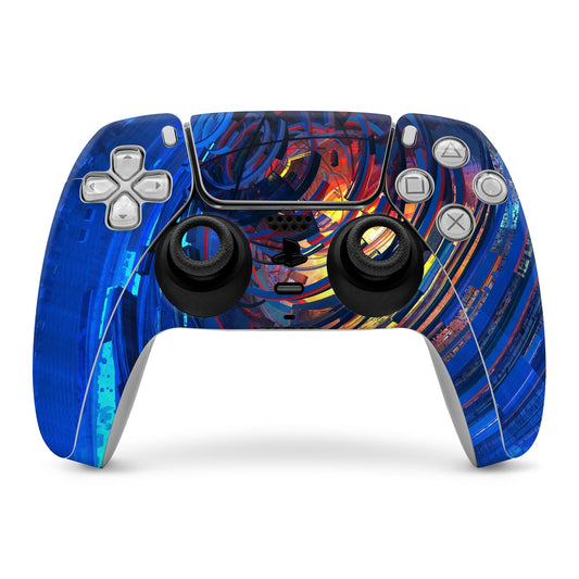Blue and multicolor graphic PS5 controller skin with cutouts for buttons and sticks