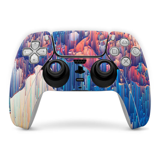 PS5 controller skin with colorful glitch stripes and cutouts for buttons