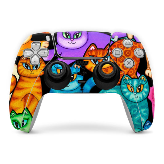 Colorful cat-themed PS5 controller skin with cutouts and colorful kitten faces