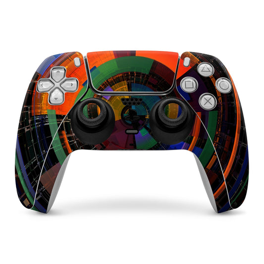 Sony PS5 controller skin with colorful color wheel graphic over front buttons and sticks