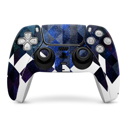 PS5 controller skin with blue, black, and white geometric galaxy pattern