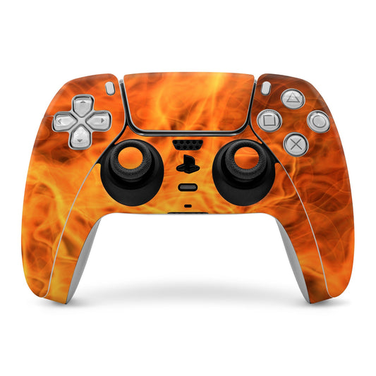 PS5 controller skin with orange flame pattern and clear button cutouts
