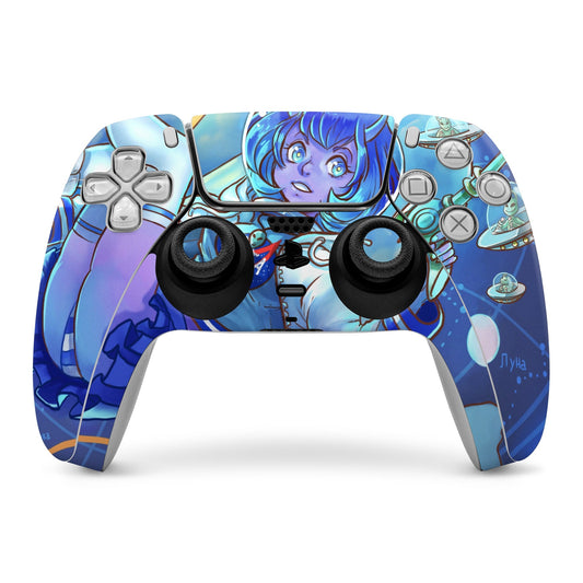 PS5 controller skin with blue anime character artwork and multicolor accents