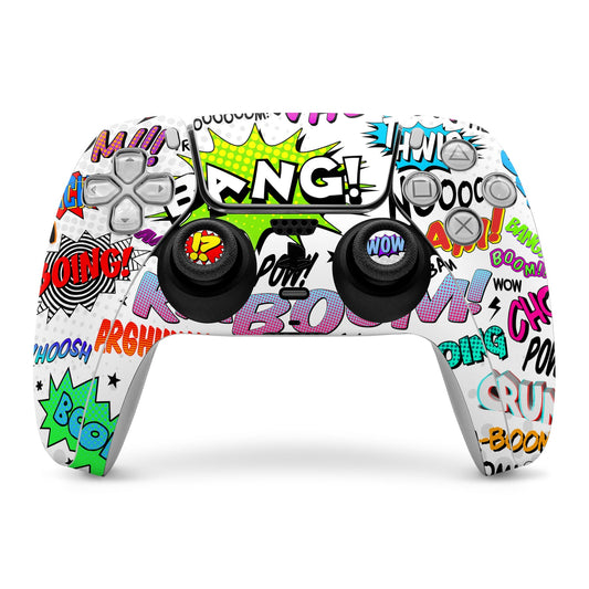 PS5 controller skin with comic pop-art graphics, colorful text and black thumbsticks