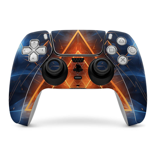 PS5 controller skin: blue and orange geometric triangle design over buttons and sticks