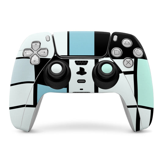 PS5 controller skin with blue and mint geometric stripe pattern over buttons
