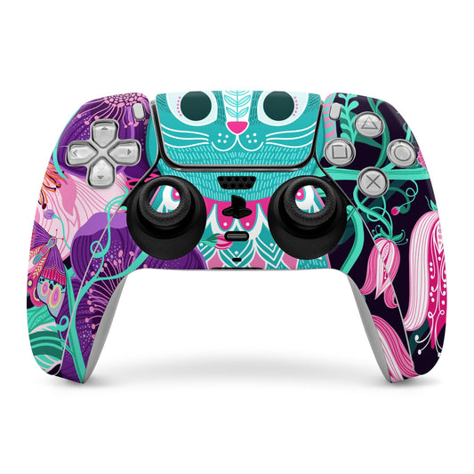 PS5 controller skin with colorful cat face graphic, teal pink purple