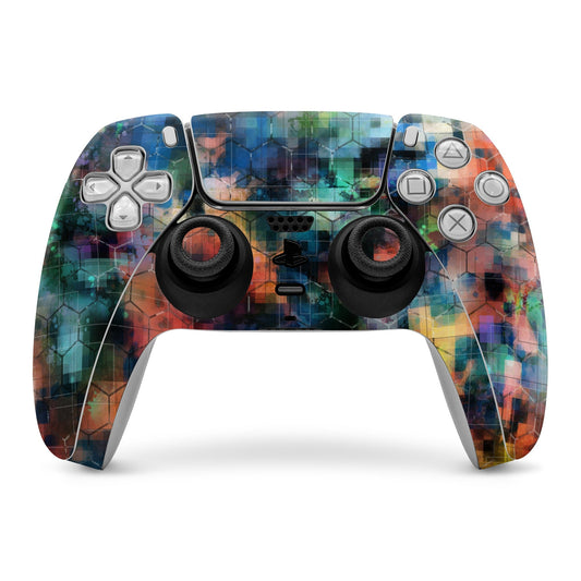 PS5 controller skin with blue-green-orange circuit graphic covering front controls