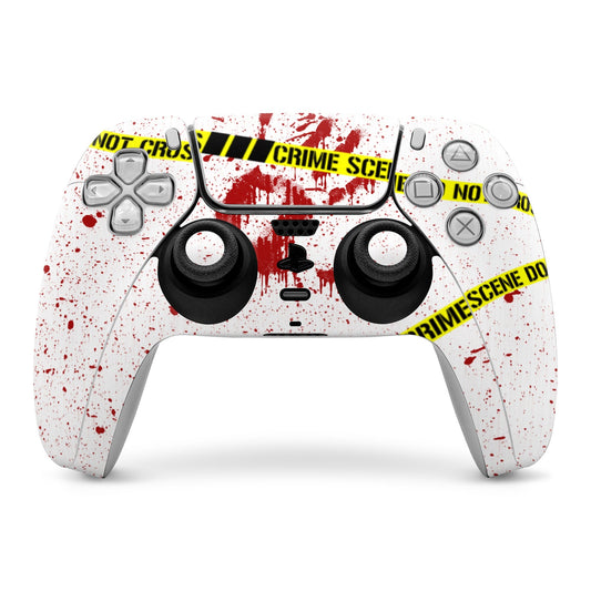 PS5 controller skin with white, red splatter and crime scene stripes; button cutouts