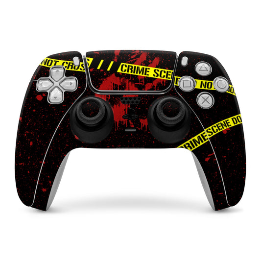 PS5 controller skin, black with red and yellow crime scene graphic and button cutouts