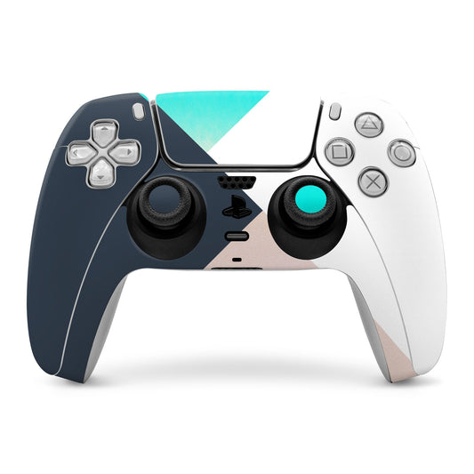PlayStation DualSense controller skin with blue and teal currents graphic, thumb grips