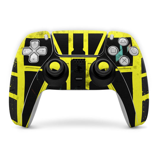PlayStation 5 controller skin, yellow and black graphic covering buttons and sticks