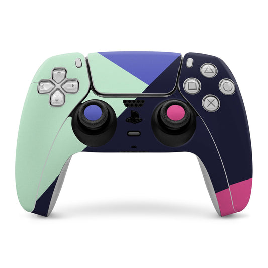 PS5 controller skin with mint, purple, and pink geometric design