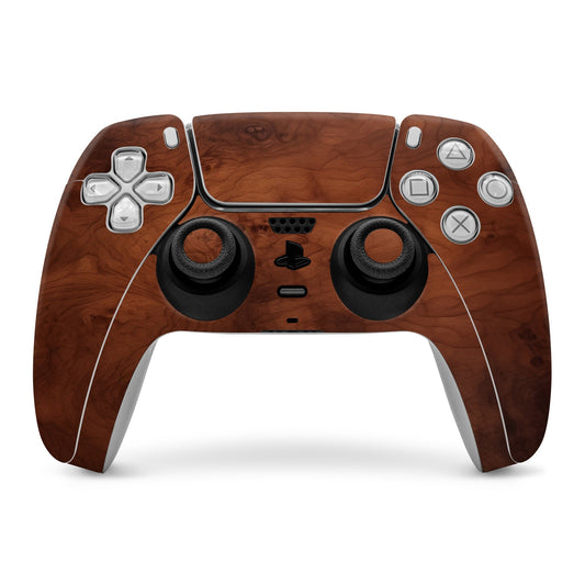 Dark burlwood PS5 controller skin for front view, with faux wood grain and cutouts