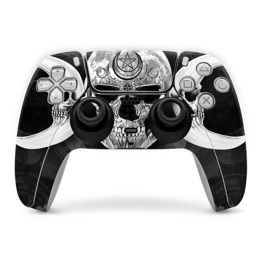 PS5 controller skin with black and white skull graphic over front grips and buttons