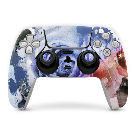 PS5 controller skin with blue, white, and red distressed graphic front panel