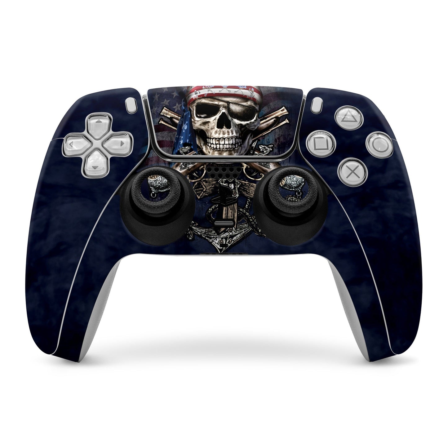 PS5 controller skin with dark blue skull and crossbones graphic over front buttons
