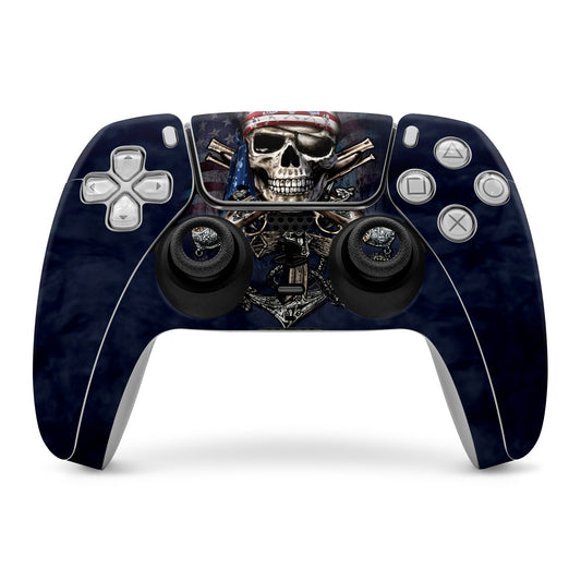 PS5 controller skin with dark blue skull and crossbones graphic over front buttons