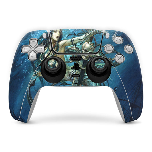 PS5 controller skin with blue ocean-themed design and sea-creature art over buttons