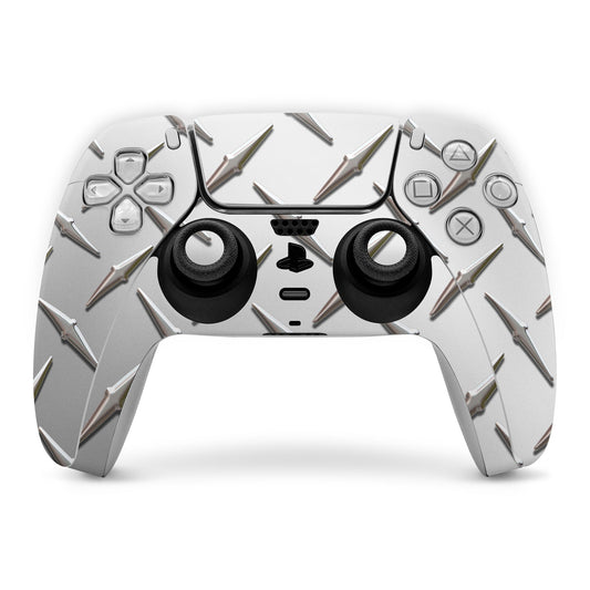 PS5 controller skin with diamond plate silver graphic and black thumbstick grips