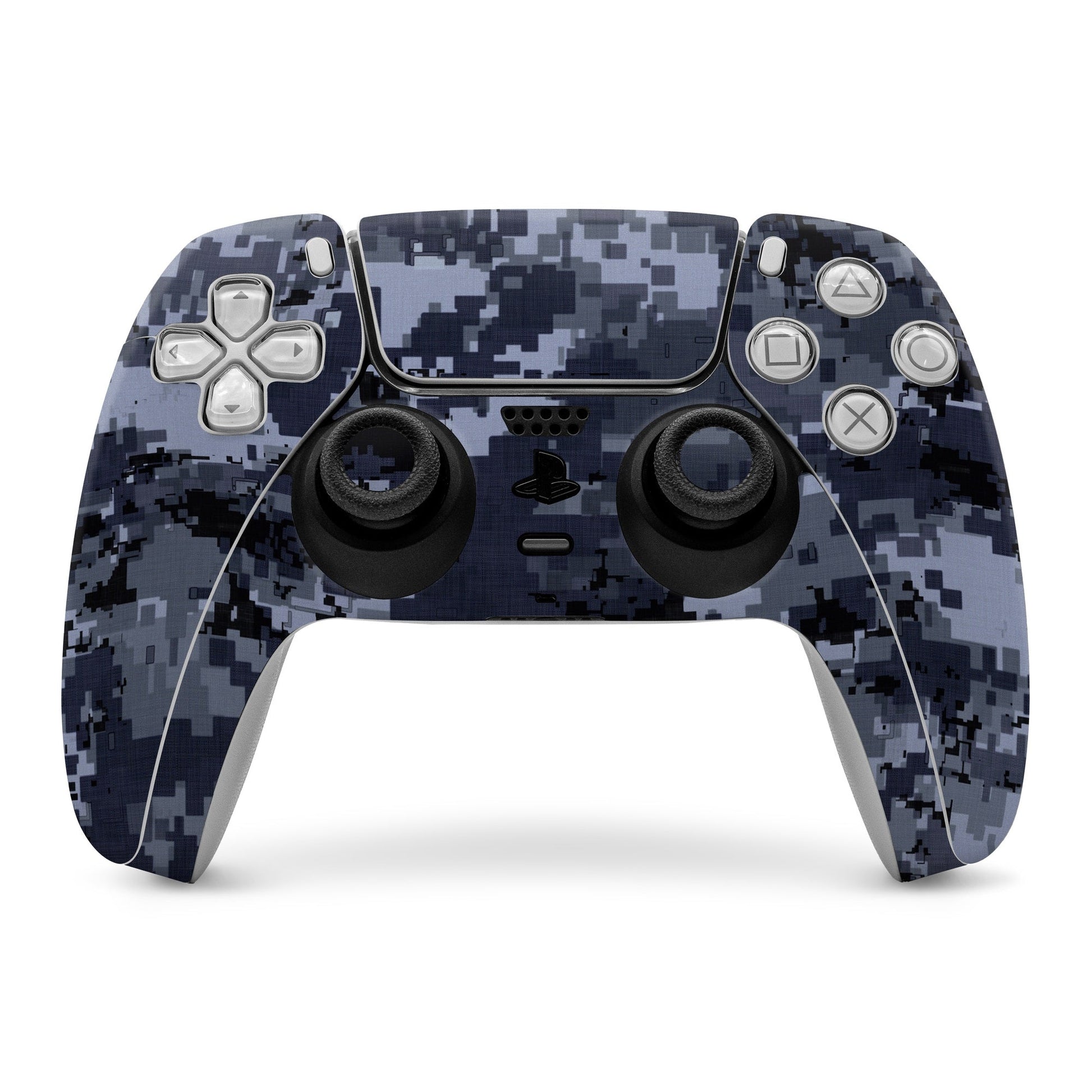 Sony PS5 controller skin with navy digital camo wrap, front buttons and thumbsticks visible