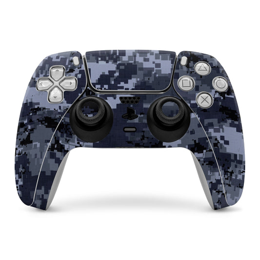 Sony PS5 controller skin with navy digital camo wrap, front buttons and thumbsticks visible