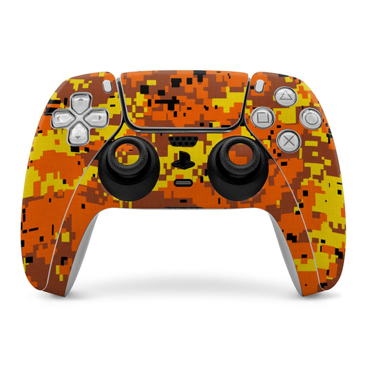 Orange digital camo PS5 controller skin with button and stick cutouts