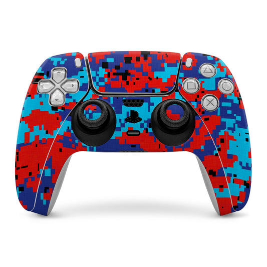PS5 controller skin with blue red digital camo pattern covering face buttons
