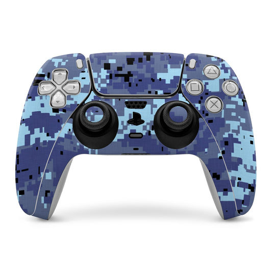 Blue digital camouflage PS5 controller skin with button and stick cutouts.