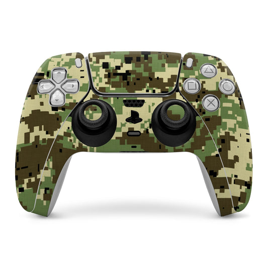 Digital woodland camo PS5 controller skin with cutouts for buttons and triggers.
