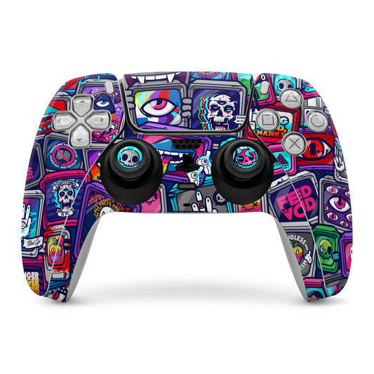 Sony PS5 controller skin with colorful skull and arcade-style icon graphic