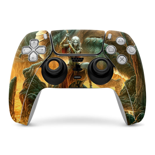 PS5 controller skin with dragon mage fantasy artwork, thumbstick and button cutouts