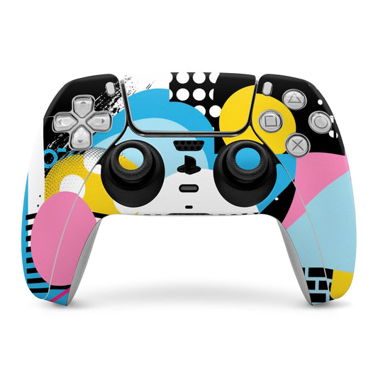 PlayStation 5 controller skin with blue, yellow, pink abstract graphics