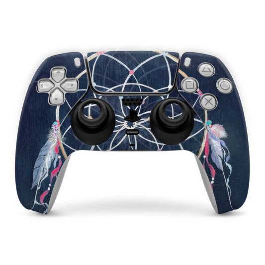 PlayStation 5 controller skin with navy dreamcatcher web and pink floral details