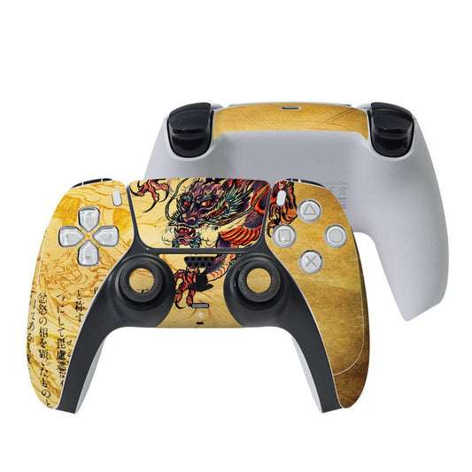 PS5 controller skin with gold dragon artwork on front panel, black thumb grips