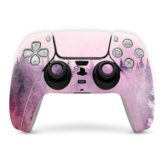 Sony PS5 controller skin with pink and purple landscape design over dualSense buttons